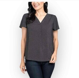 Hilary Radley,V-Neck Short Sleeve Blouse Polka Dot, Black Size L